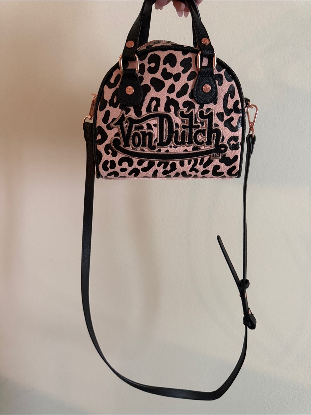 Von Dutch Black & Pink Leopard Dome Crossbody Bag